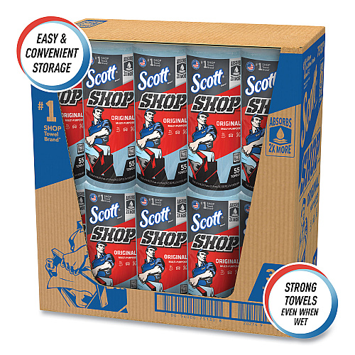 Scott Shop Towels, Standard Roll, 1-Ply, 9.4 x 11, Blue, 55/Roll, 30 Rolls/Carton (75130)