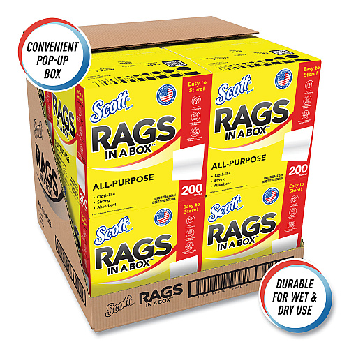 Scott Rags in a Box, POP-UP Box, 12 x 9, White, 200/Box, 8 Boxes/Carton (75260CT)