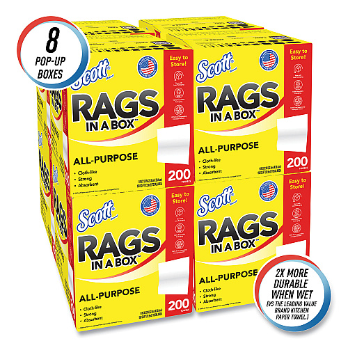 Scott Rags in a Box, POP-UP Box, 12 x 9, White, 200/Box, 8 Boxes/Carton (75260CT)
