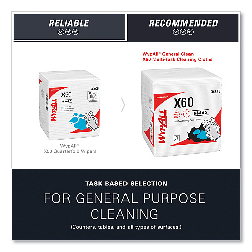 WypAll General Clean X60 Cloths, 1/4 Fold, 12.5 x 13, White, 76/Box, 12 Boxes/Carton (34865)