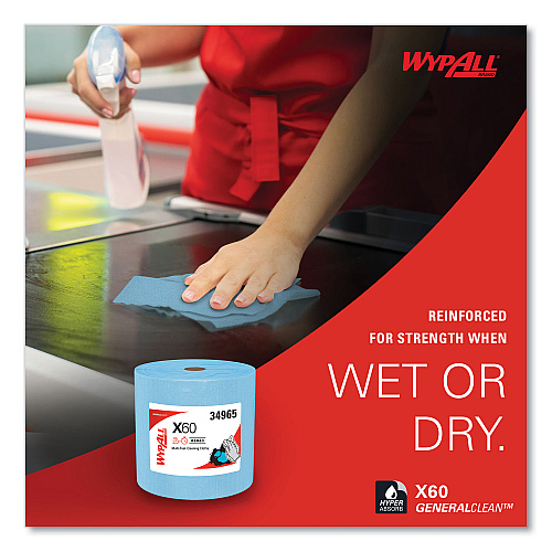 WypAll General Clean X60 Cloths, Jumbo Roll, 12.5 x 13.4, Blue, 1,100/Roll (34965)