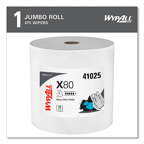 WypAll Power Clean X80 Heavy Duty Cloths, Jumbo Roll, 12.4 x 12.2, White, 475/Roll (41025)