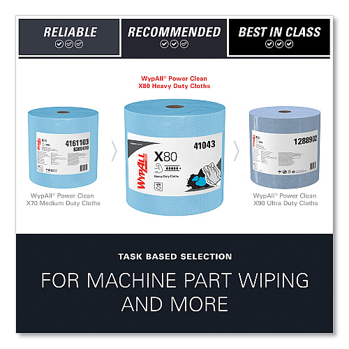 WypAll Power Clean X80 Heavy Duty Cloths, Jumbo Roll, 12.4 x 12.2, Blue, 475/Roll (41043)