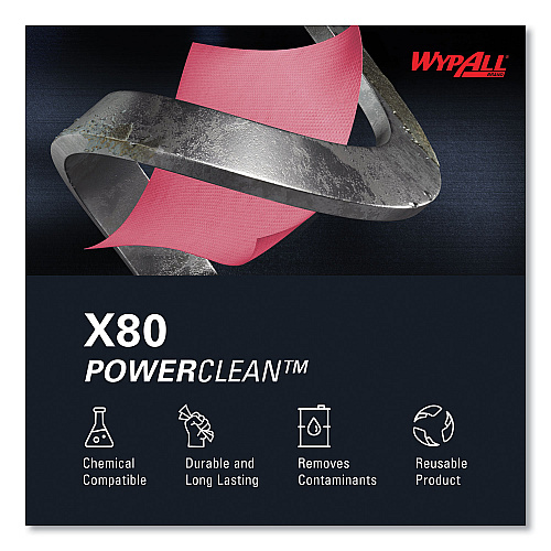 WypAll Power Clean X80 Heavy Duty Cloths, Jumbo Roll, 12.4 x 12.2, Red, 475 Wipers/Roll (41055)
