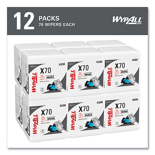WypAll X70 Cloths, 1/4 Fold, 12.5 x 12, White, 76/Pack, 12 Packs/Carton (41200)