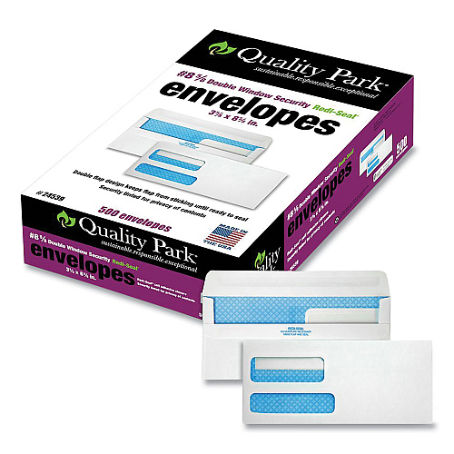 Quality Park Double Window Redi-Seal Security-Tinted Envelope, #8 5/8, Commercial Flap, Redi-Seal Closure, 3.63 x 8.63, White, 500/Box (24539)