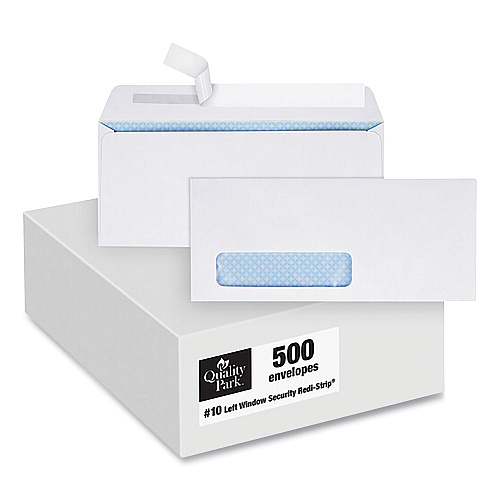 Quality Park Redi-Strip Security Tinted Envelope, Address Window, #10, Commercial Flap, Redi-Strip Closure, 4.13 x 9.5, White, 500/Box (69222)