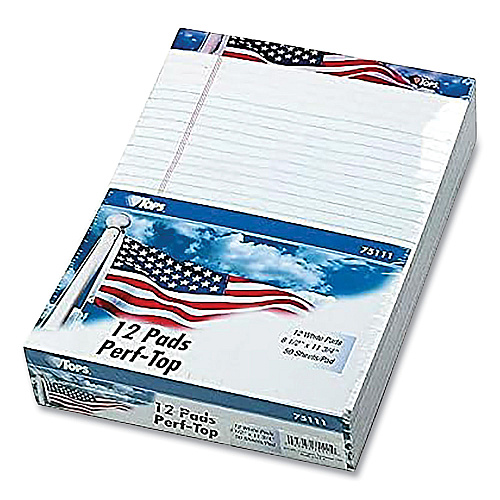 TOPS American Pride Writing Pad, Wide/Legal Rule, Red/White/Blue Headband, 50 White 8.5 x 11.75 Sheets, 12/Pack (75111)