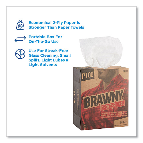Brawny Light Duty Paper Wipers, 2-Ply, 8 x 12.5, White, 148/Box, 20 Boxes/Carton (29221)