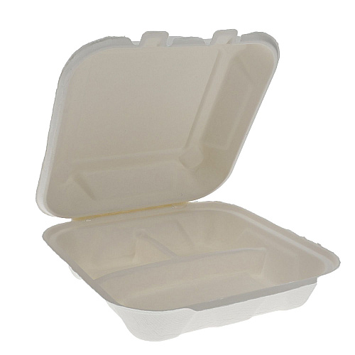 Pactiv EarthChoice PFAS Free Compostable Hinged Lid Container, 3-Compartment, 8 x 8 x 3, Natural, Sugarcane, 150/Carton (YMCH0803PFFR)