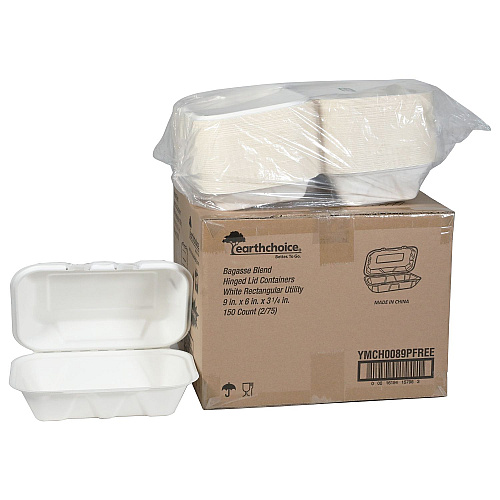 Pactiv EarthChoice PFAS Free Compostable Hinged Lid Container, 9 x 6 x 3, Natural, Sugarcane, 150/Carton (YMCH0089PFFR)