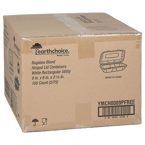 Pactiv EarthChoice PFAS Free Compostable Hinged Lid Container, 9 x 6 x 3, Natural, Sugarcane, 150/Carton (YMCH0089PFFR)