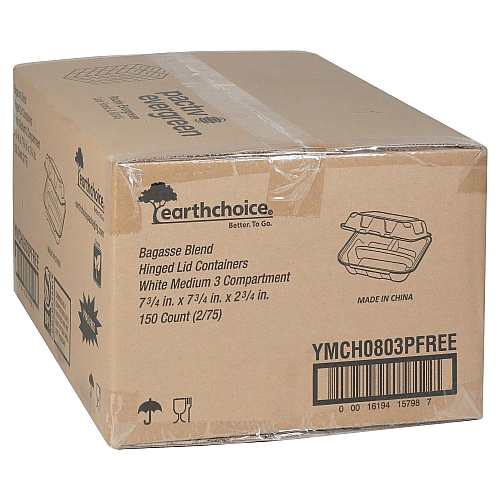 Pactiv EarthChoice PFAS Free Compostable Hinged Lid Container, 3-Compartment, 8 x 8 x 3, Natural, Sugarcane, 150/Carton (YMCH0803PFFR)