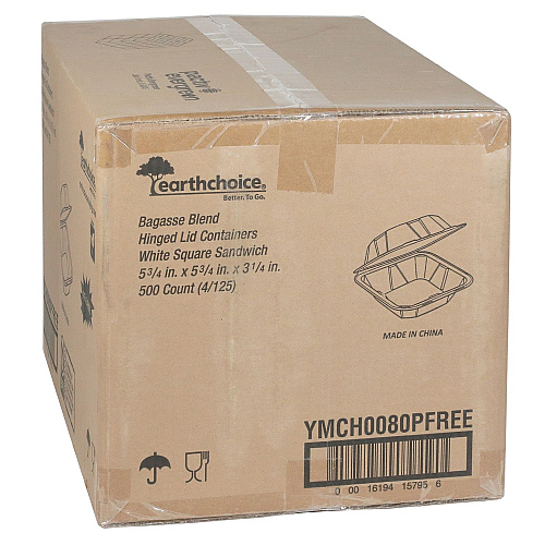 Pactiv EarthChoice PFAS Free Compostable Hinged Lid Container, 6 x 6 x 3, Natural, Sugarcane, 500/Carton (YMCH0080PFFR)