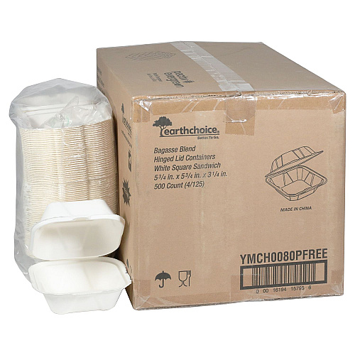 Pactiv EarthChoice PFAS Free Compostable Hinged Lid Container, 6 x 6 x 3, Natural, Sugarcane, 500/Carton (YMCH0080PFFR)