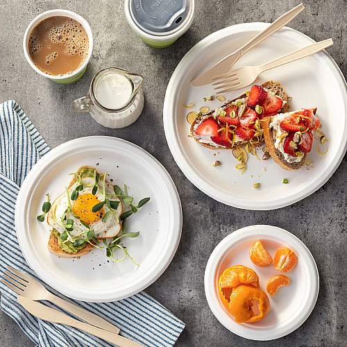 Pactiv EarthChoice PFAS Free Compostable Dinnerware, Plate, 9" dia, Natural, 500/Carton (YMC50009PFFR)