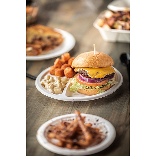 Pactiv EarthChoice PFAS Free Compostable Dinnerware, 3-Compartment Plate, 10.25" dia, Natural, 500/Carton (MC50044PFREE)