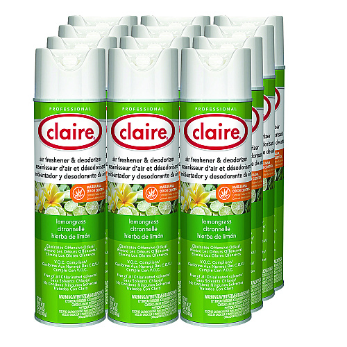 Claire Aerosol Air Freshener and Deodorizer, Lemongrass Citronella, 12 oz Aerosol Spray, 12 Cans (1307)