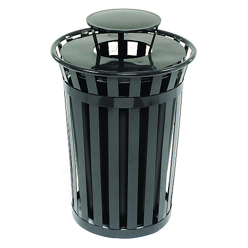Global Industrial Outdoor Slatted Steel Trash Can, Rain Bonnet Lid, 36 gal, Black (260804BK)