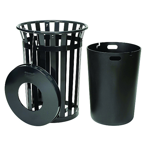 Global Industrial Outdoor Slatted Steel Trash Can, 36 gal, Black (237726BK)