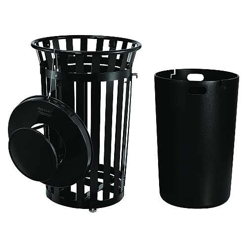 Global Industrial Outdoor Slatted Steel Trash Can, With Access Door and Rain Bonnet Lid, 36 gal, Black (261941BK)