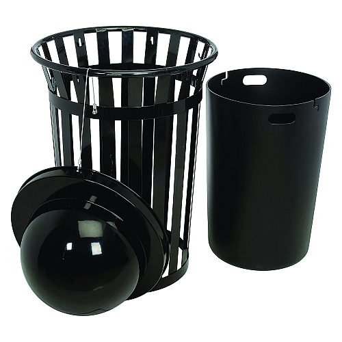 Global Industrial Outdoor Slatted Steel Trash Can, Dome Lid, 36 gal, Black (261944BK)