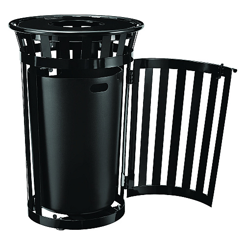 Global Industrial Outdoor Slatted Steel Trash Can, With Access Door, 36 gal, Steel Black (261940BK)