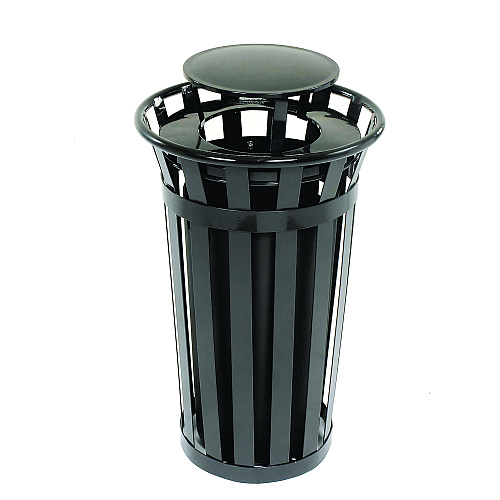 Global Industrial Outdoor Slatted Steel Trash Can, Rain Bonnet Lid, 24 gal, Black (260803BK)