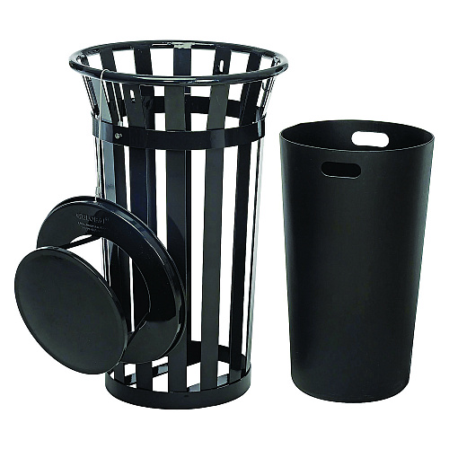 Global Industrial Outdoor Slatted Steel Trash Can, Rain Bonnet Lid, 24 gal, Black (260803BK)
