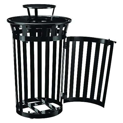 Global Industrial Outdoor Slatted Steel Trash Can, With Access Door and Rain Bonnet Lid, 36 gal, Black (261941BK)