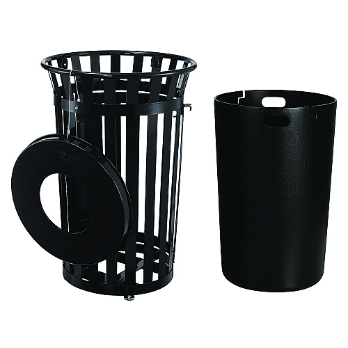 Global Industrial Outdoor Slatted Steel Trash Can, With Access Door, 36 gal, Steel Black (261940BK)