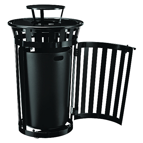 Global Industrial Outdoor Slatted Steel Trash Can, With Access Door and Rain Bonnet Lid, 36 gal, Black (261941BK)