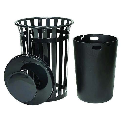 Global Industrial Outdoor Slatted Steel Trash Can, Rain Bonnet Lid, 36 gal, Black (260804BK)