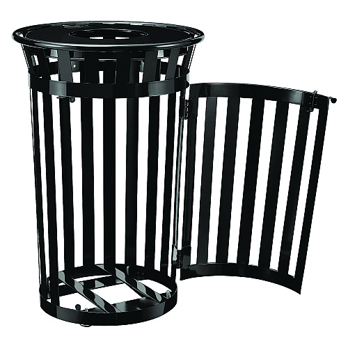 Global Industrial Outdoor Slatted Steel Trash Can, With Access Door, 36 gal, Steel Black (261940BK)