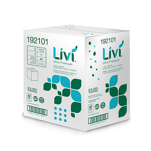 Livi Ultra Premium Facial Tissue, 2-Ply, White, Cube Box, 80 Sheets/Box, 4 Boxes/Pack, 6 Packs/Carton (192101)