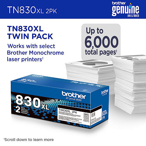 Brother TN830XL High-Yield Toner, 3,000 Page-Yield, Black, 2/Pack (TN830XL2PK)