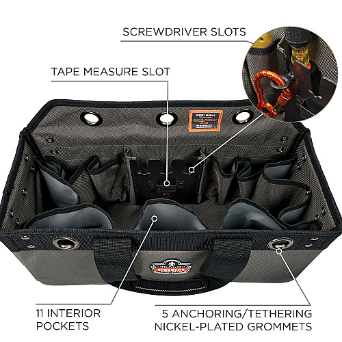 ergodyne Arsenal 5846 Bucket Truck Tool Bag, Locking Aerial Bucket Hooks, 11 Compartments/5 Grommets, 18x7.5x7.5, Gray (13747)