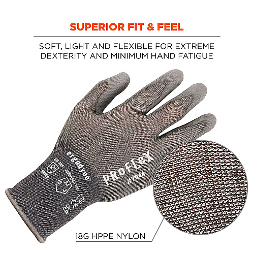 ergodyne ProFlex 7044 ANSI A4 PU Coated CR Gloves, Gray, X-Small, Pair (10491)