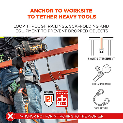 ergodyne Squids 3176 Anchor Choke Strap for Tool Tethering, 40 lb Max Safe Working Capacity, 24" Long, Black (19176)