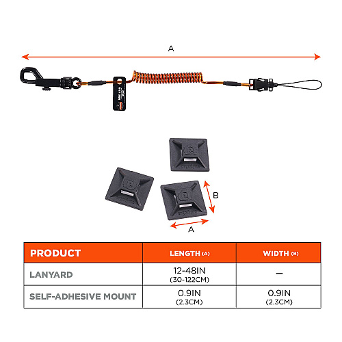ergodyne Squids 3151 Coil Lanyard Swivel Hook/Detachable Loop, Mini Adhesive Mount, 2 lb Max Working Capacity, 12" Long, Black/Orange (19160)