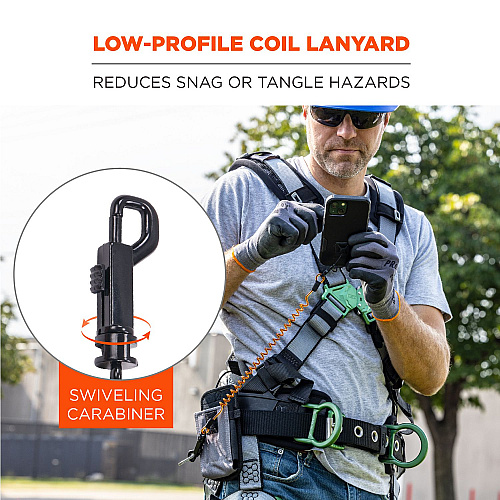 ergodyne Squids 3151 Coil Lanyard Swivel Hook/Detachable Loop, Mini Adhesive Mount, 2 lb Max Working Capacity, 12" Long, Black/Orange (19160)
