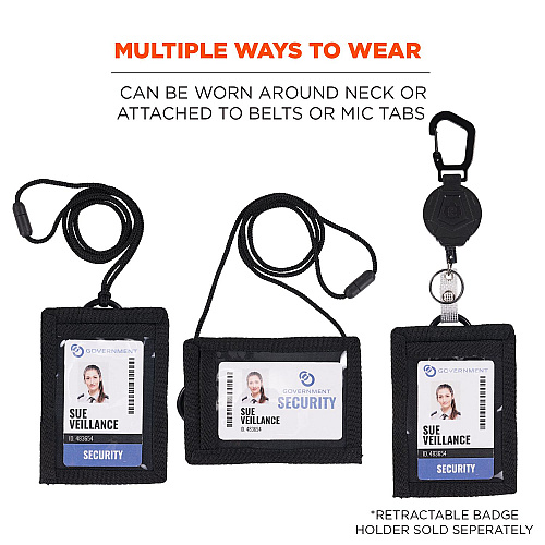 ergodyne Squids 3389 Wallet ID/Badge Holder,Horizontal/Vertical, Black, 3.75 x 5 for 2.75 x 3.5 Insert, 18" Cord (19964)