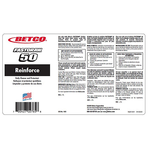 Betco Reinforce Floor Cleaner and Protectant, Lemon Scent, 2 L Bottle, 4/Carton (16834700)