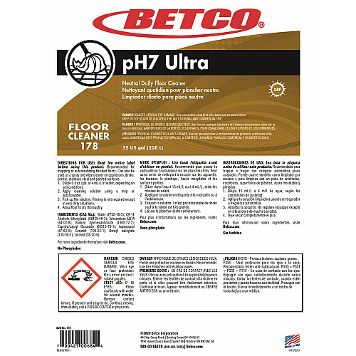 Betco pH7 Ultra Floor Cleaner, Lemon Scent, 55 gal Drum (1785500)