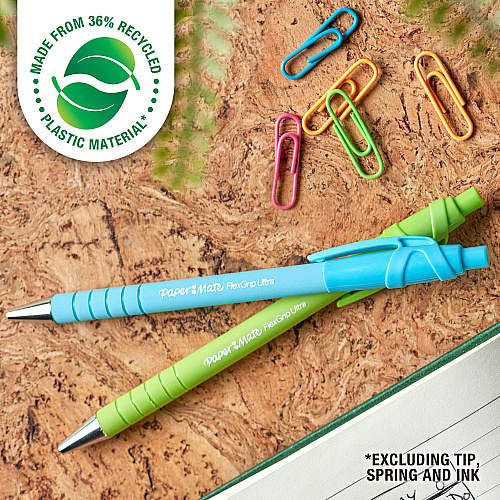 Paper Mate FlexGrip Ultra Recycled Ballpoint Pen, Retractable, Medium, 1 mm, Black Ink, Assorted Barrels, Dozen (2204001)
