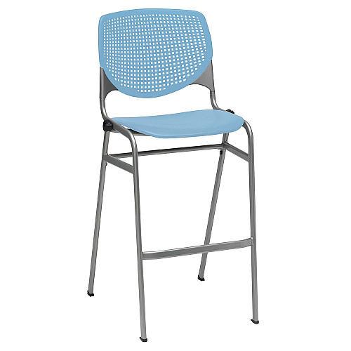KFI Studios Pedestal Bistro Table with Four Sky Blue Kool Series Barstools, Round, 36" Dia x 41h, Studio Teak (811774037297)
