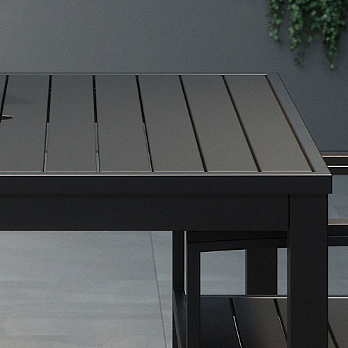 KFI Studios Eveleen Outdoor Bistro Patio Table with Four Black Powder-Coated Polymer Barstools, 32 x 55, Black (840031925213)