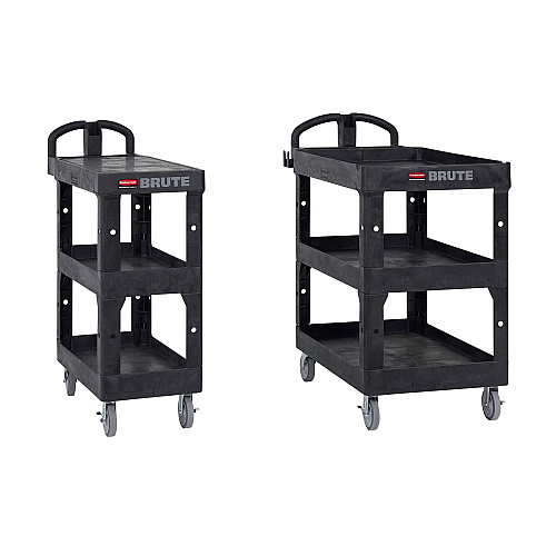Rubbermaid Commercial BRUTE 3-Shelf Heavy-Duty Ergo Lipped Utility Cart, Resin, 3 Shelves, 600 lb Capacity, 25.24" x 44" x 47", Black (2196862)