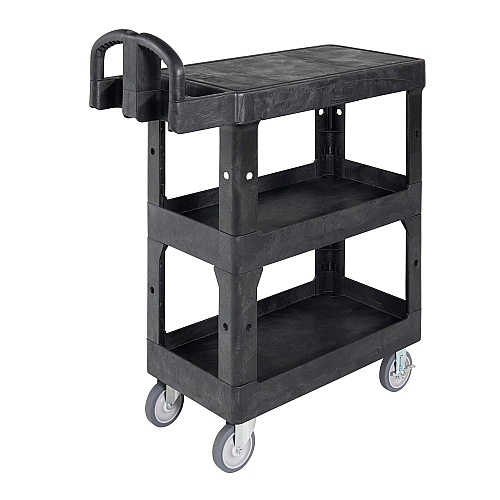 Rubbermaid Commercial BRUTE 3-Shelf Heavy-Duty Ergo Flat Utility Cart, Resin, 3 Shelves, 600 lb Capacity, 25.24" x 48.63" x 46.18", Black (2203280)