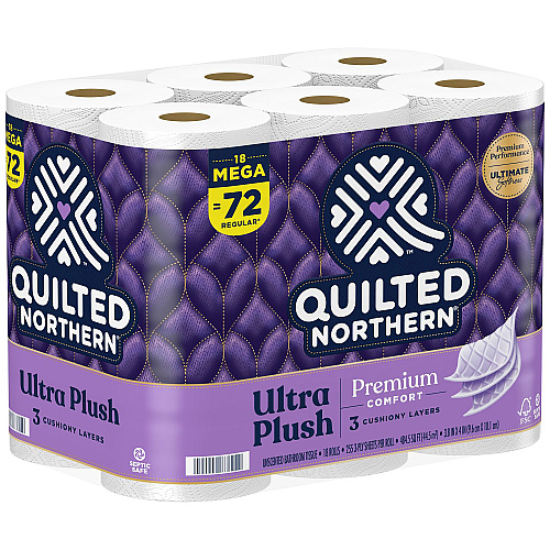 Quilted Northern Ultra Plush Bathroom Tissue, Mega Roll, Septic Safe, 3-Ply, White, 255 Sheets/Roll, 18 Rolls/Carton (87604501)